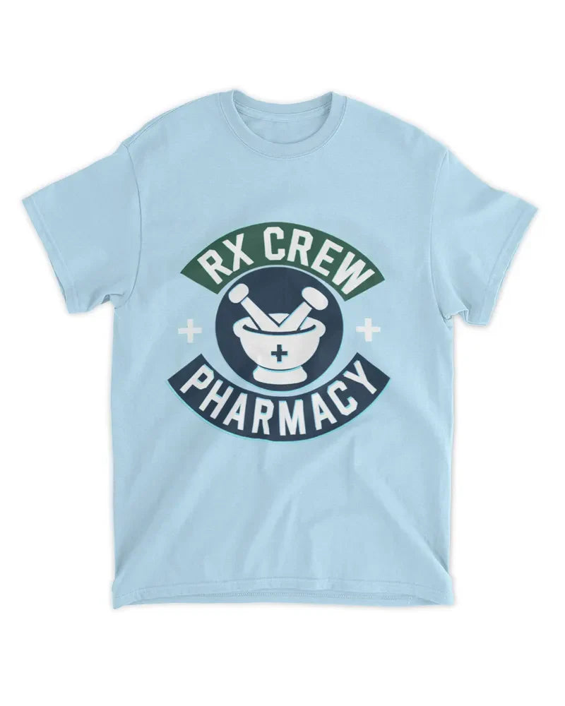 Light blue unisex standard t-shirt with Rx Crew Pharmacy graphic print on front