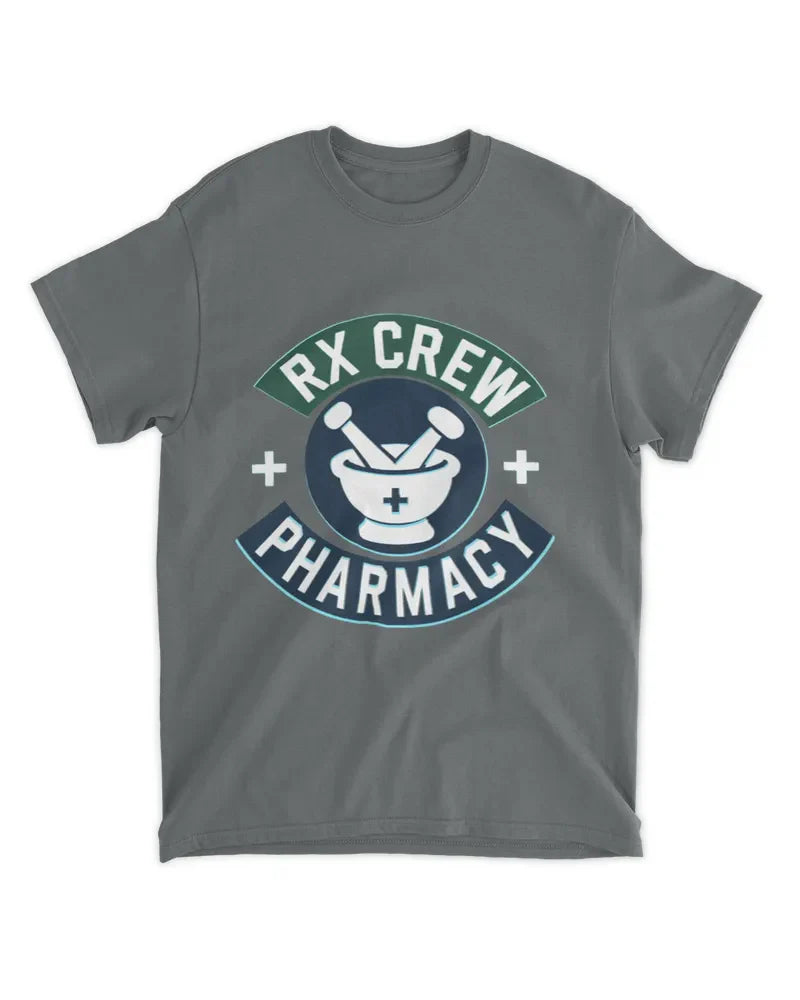 Unisex standard t-shirt in grey with RX Crew Pharmacy logo, 100% cotton preshrunk fabric, seamless collar, and twin needle hems
