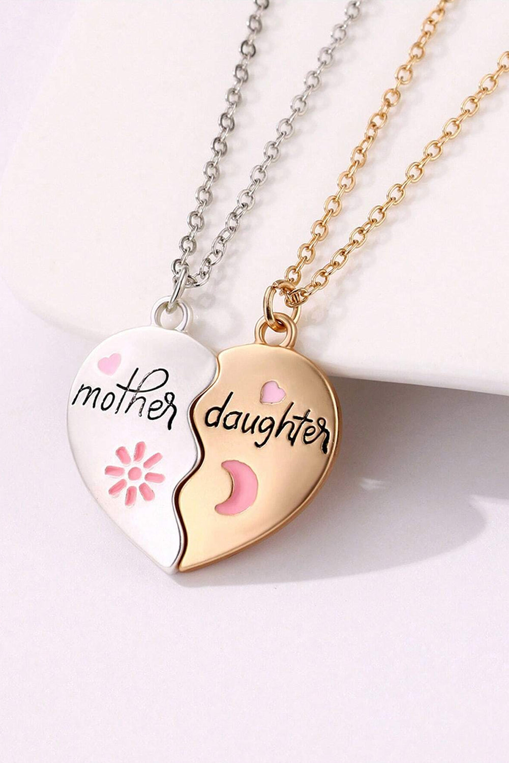 White 2pcs mother and daughter magnetic heart necklace set with adjustable chains