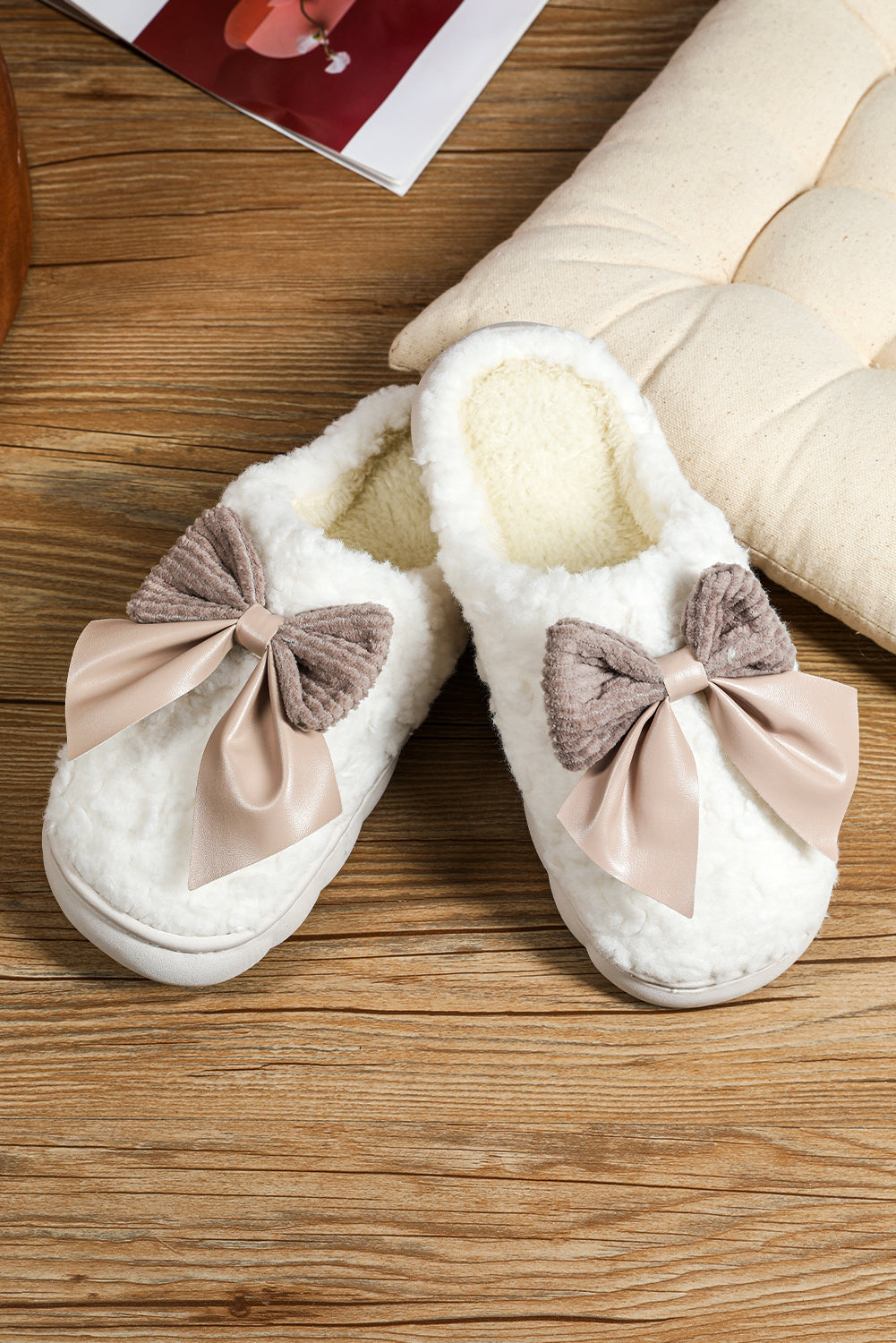 Camel contrast bowknot applique plush winter slippers with thick sole and soft cozy material