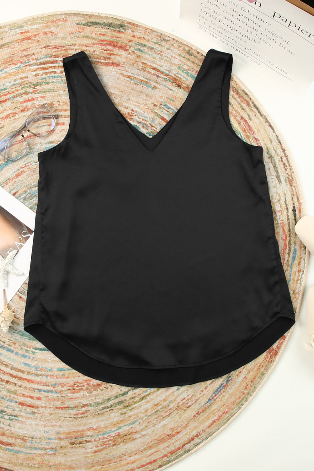 Pink deep V neck loose tank top with sleeveless design and relaxed fit for summer.