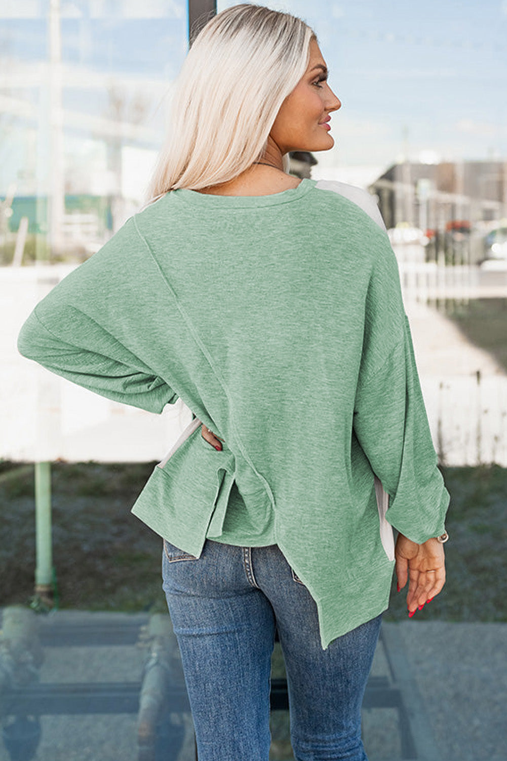 Light French Beige colorblock long sleeve top with irregular hem and patchwork stitching