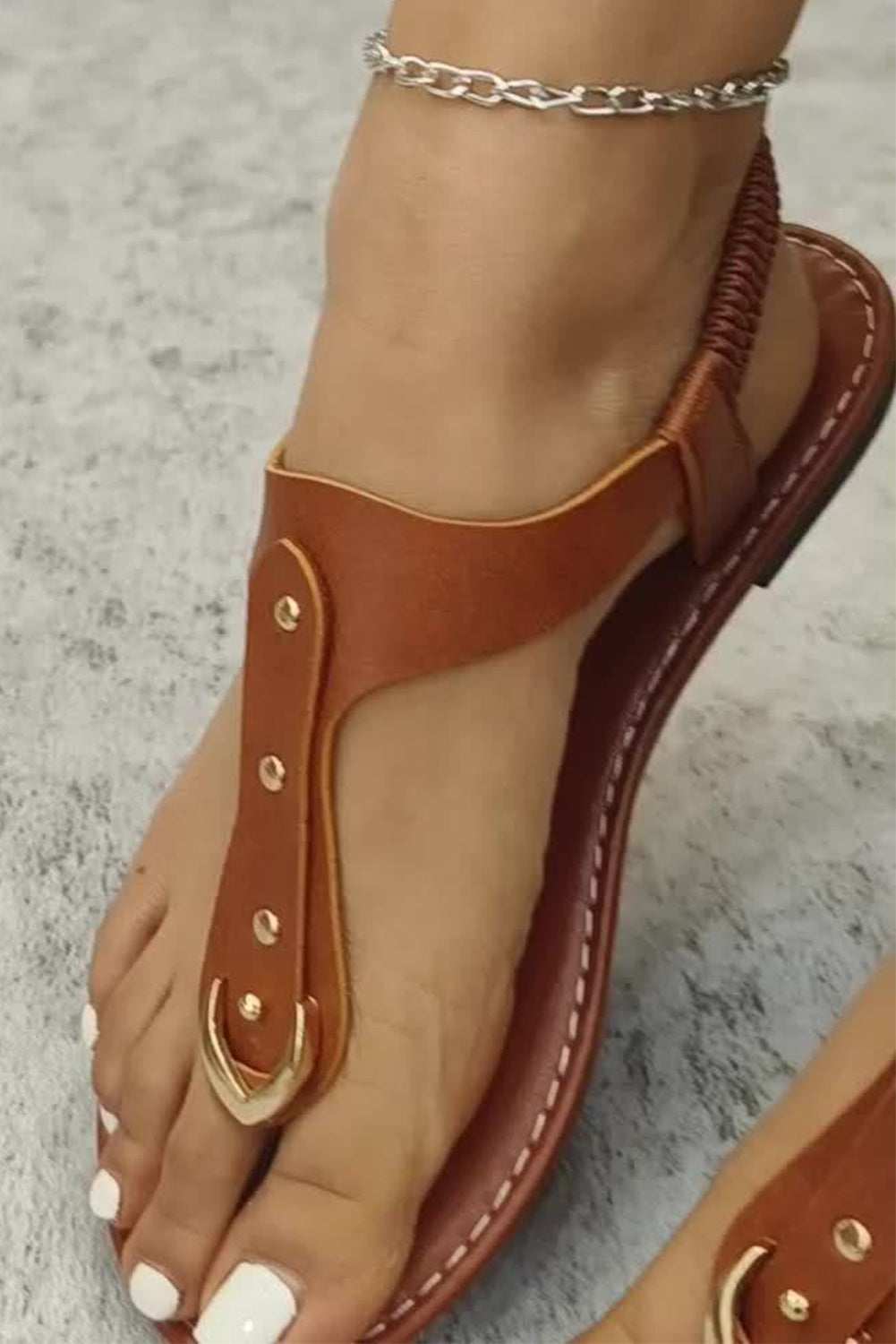 Chestnut faux leather sandals with hollow-out design and clip toe flat sole