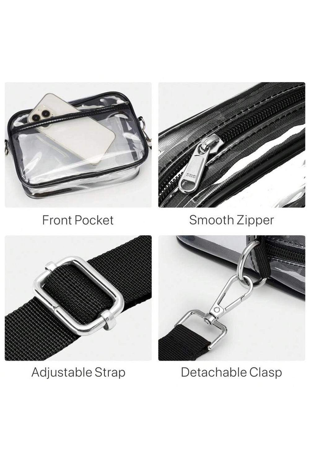 Gray multi-pocket clear shoulder bag with contrast edges and detachable strap
