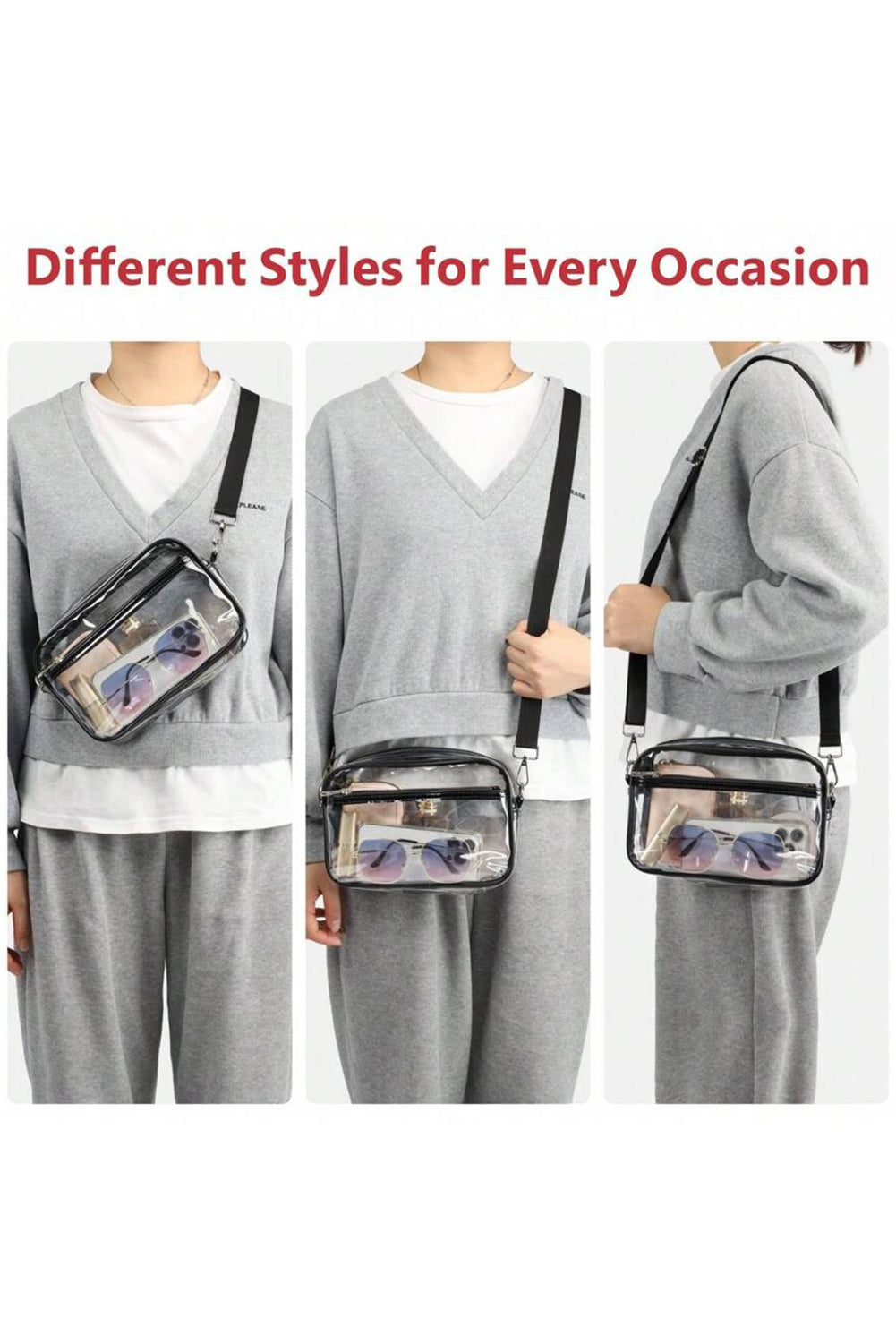 Gray multi-pocket clear shoulder bag with contrast edges and detachable strap
