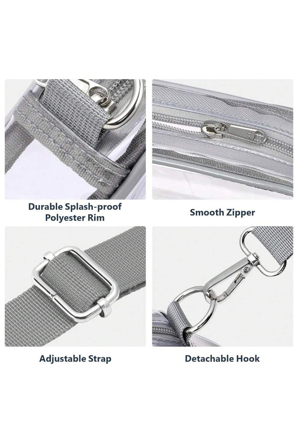 Gray multi-pocket clear shoulder bag with contrast edges and detachable strap for versatile wear