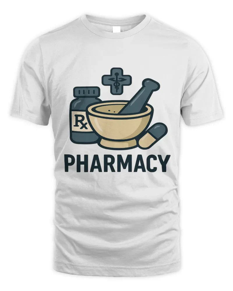 White unisex standard t-shirt with pharmacy-themed graphic including mortar and pestle, pill, and RX bottle, 100% cotton preshrunk fabric