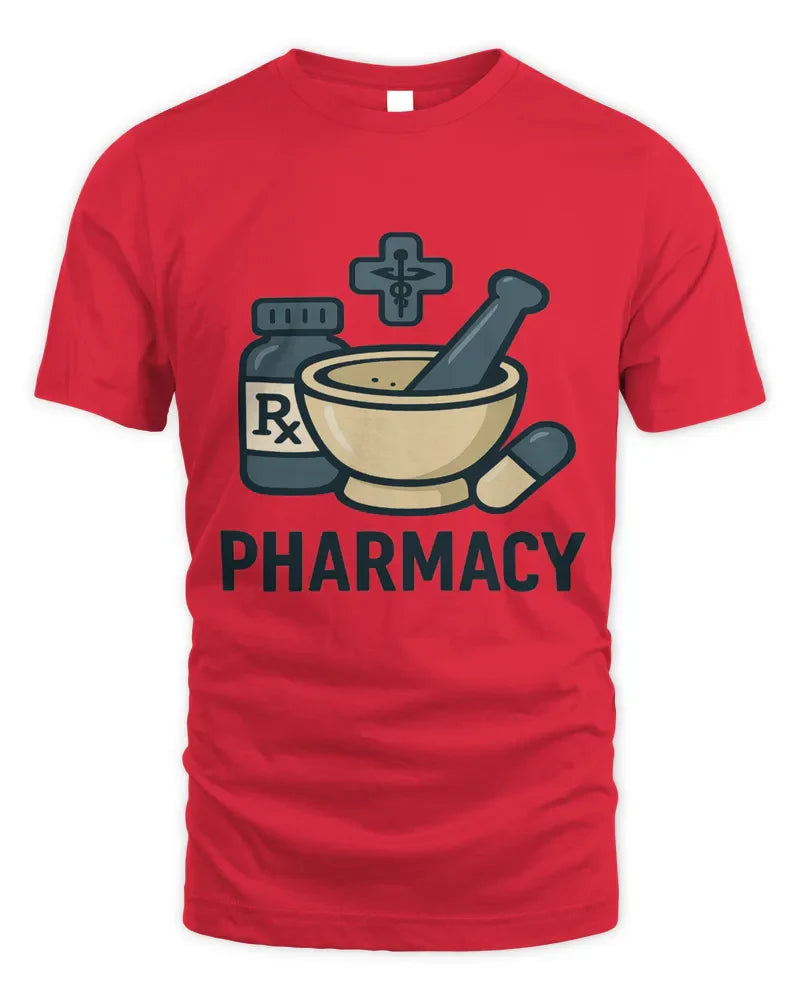 Red unisex standard t-shirt with pharmacy-themed graphic design