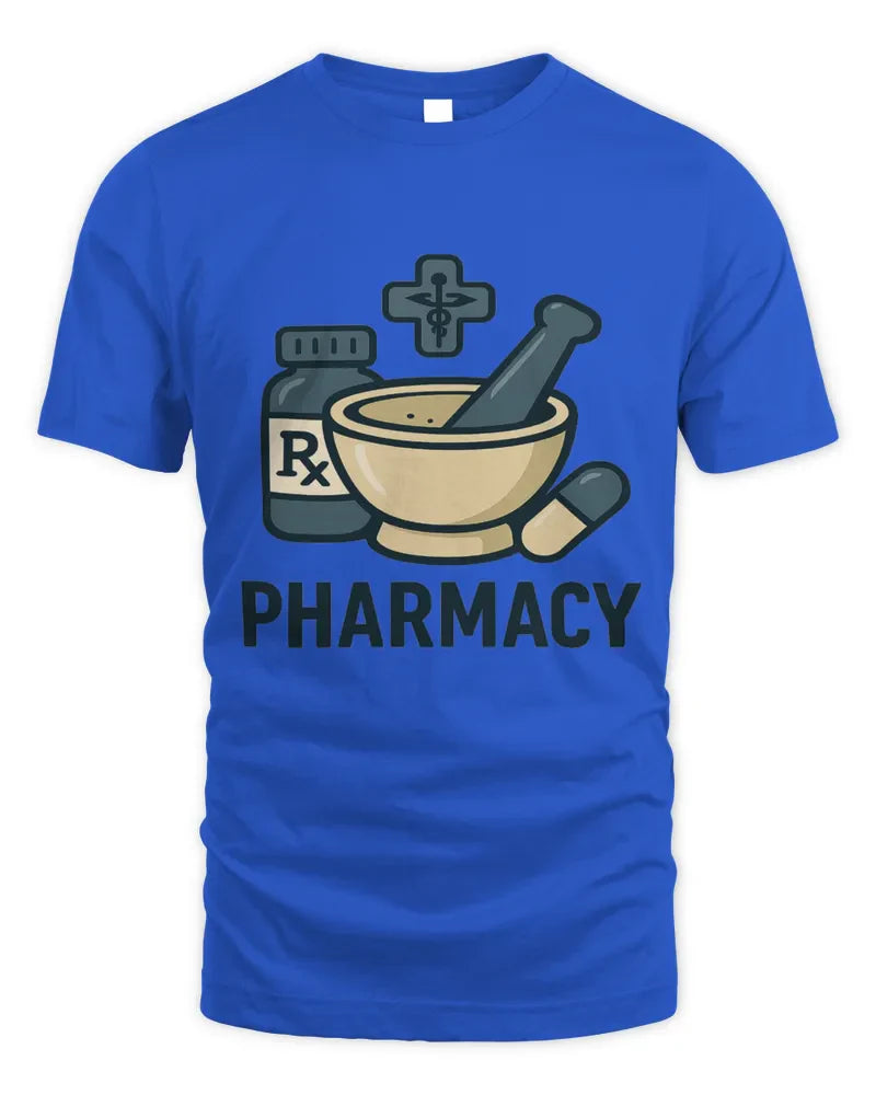 Blue unisex standard t-shirt with pharmacy graphic design and preshrunk cotton fabric