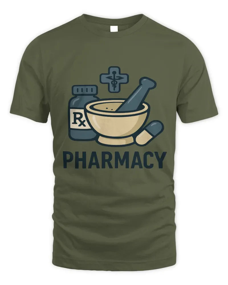 Unisex standard t-shirt with pharmacy graphic, 100% cotton preshrunk fabric, seamless collar, twin needle hems, olive green color