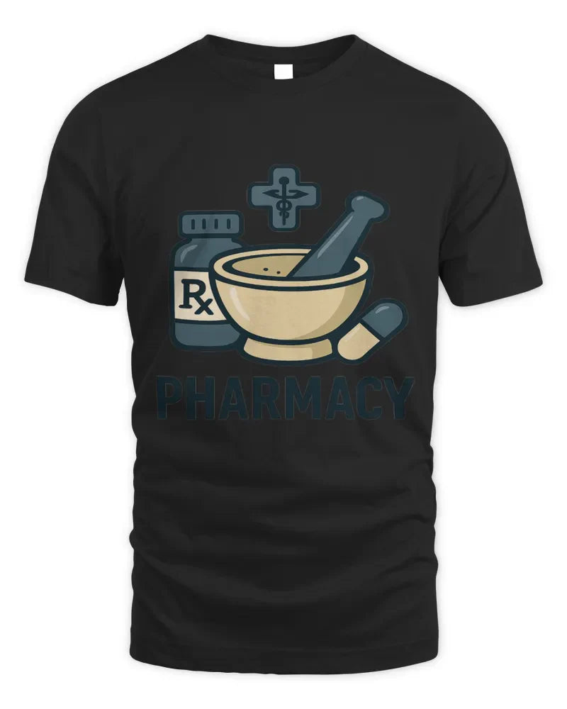 Black unisex standard t-shirt with pharmacy-themed graphic and comfortable cotton blend design