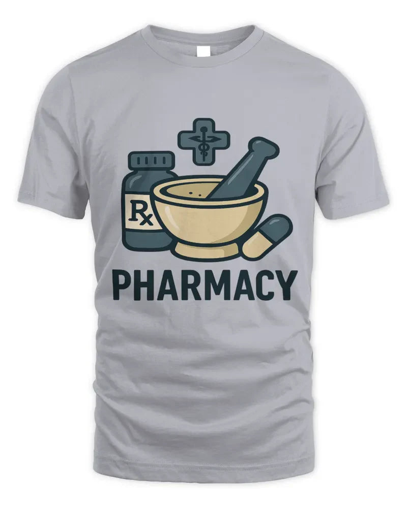 Unisex standard t-shirt with pharmacy graphic and mortar and pestle design in light gray cotton blend