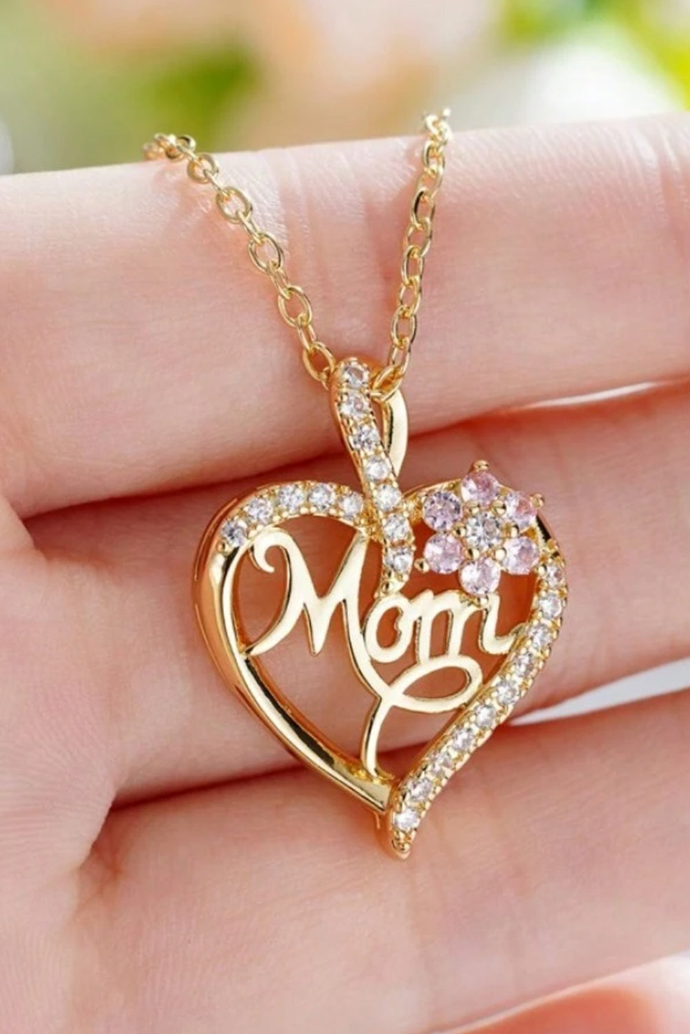 Gold Mom Rhinestone Necklace with flower and hollow-out heart design