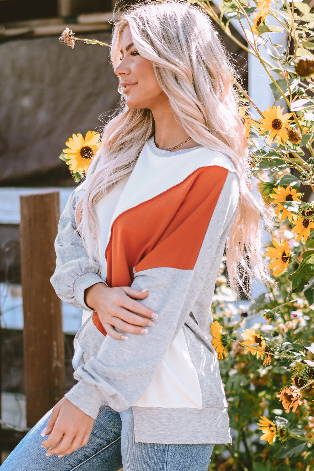 Light French Beige long sleeve top with colorblock stitching and irregular hem.