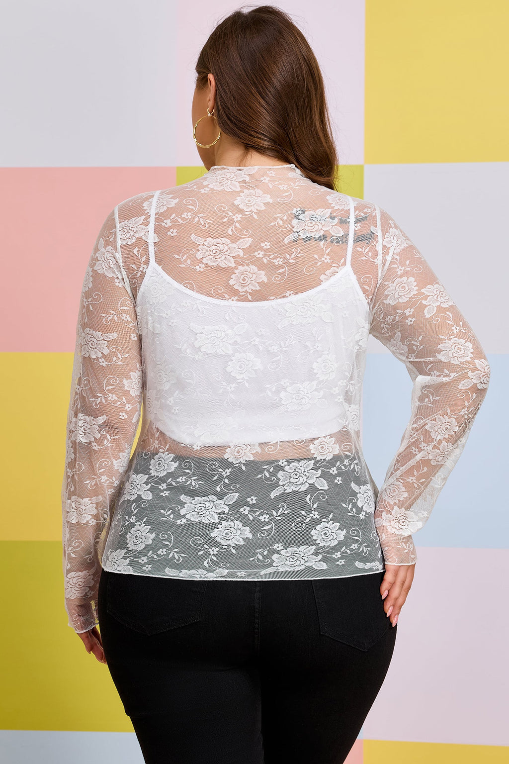 Plus size black floral mesh long sleeve top with sheer lace design