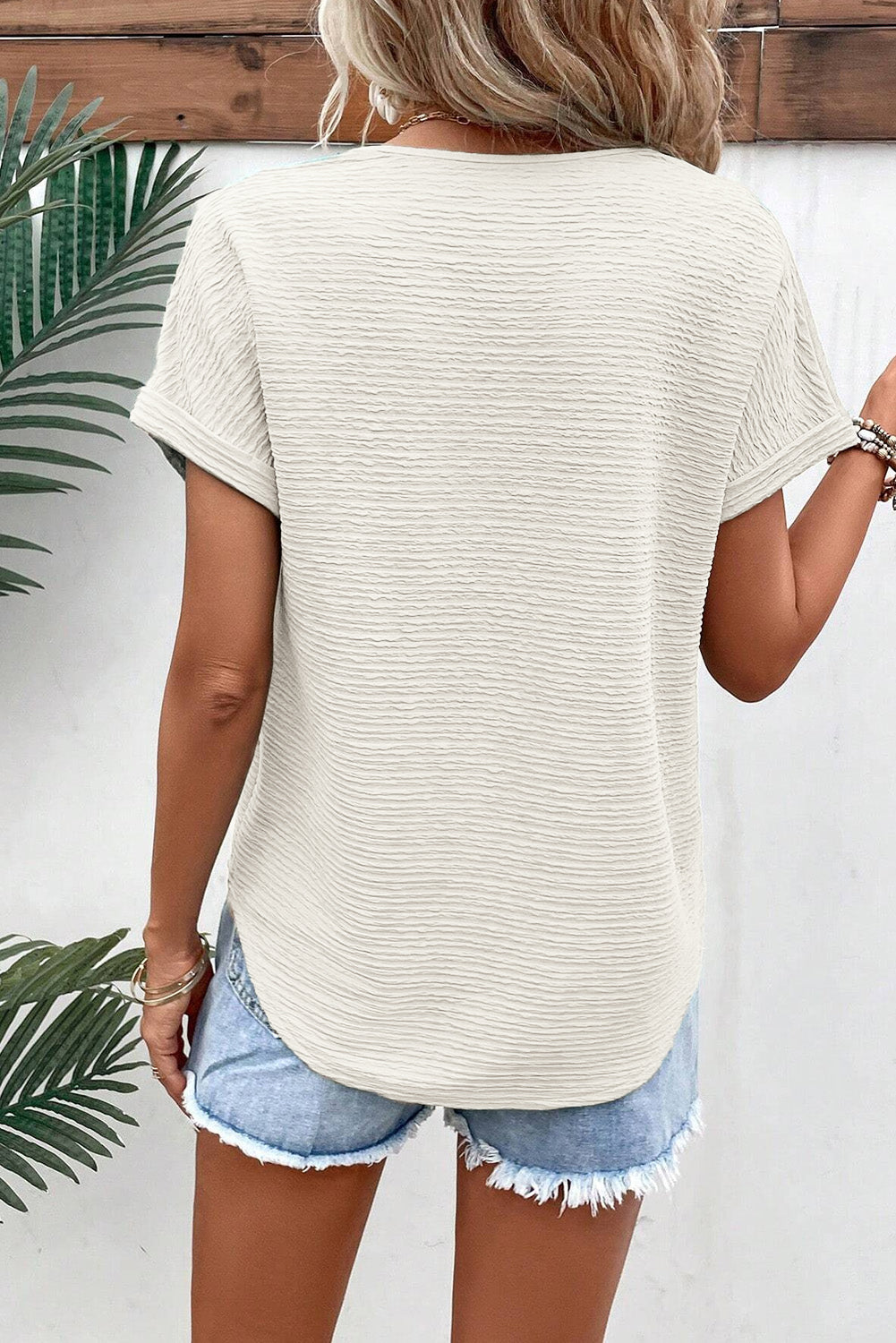 Beau Blue textured wide sleeve V neck t-shirt with relaxed fit and stylish fabric