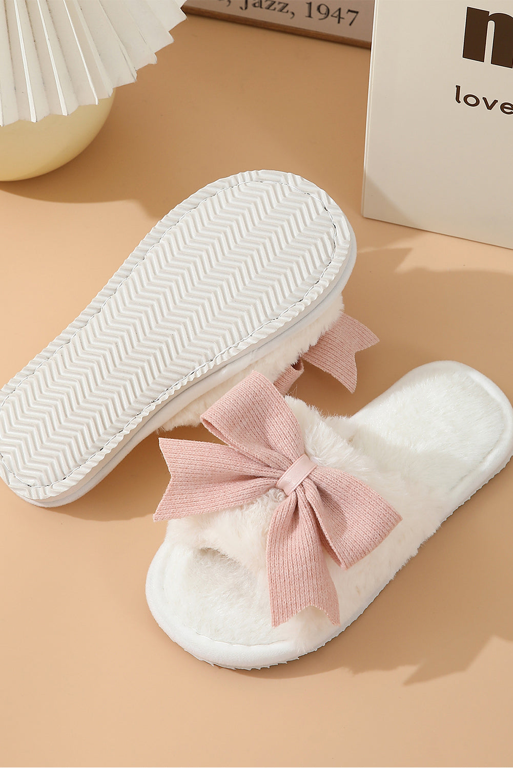 White open-toe plush slippers with elegant bow knot decor for cozy winter wear